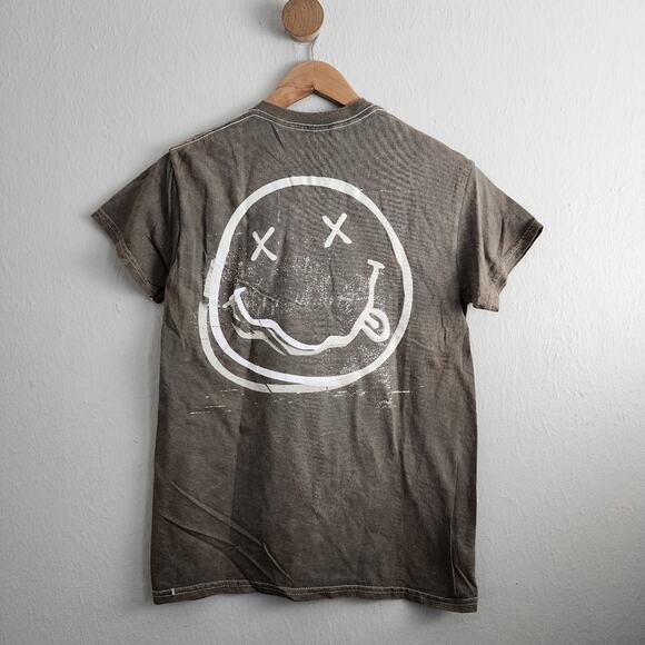 NIRVANA Smiley Graphic Tan Short Sleeve 100% Cotton Bleach T-Shirt Top - Picture 8 of 9